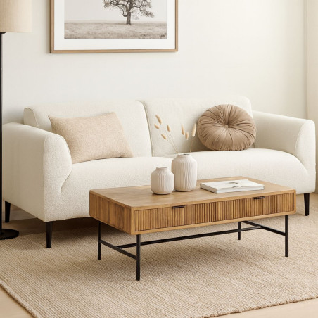 Table basse 2 tiroirs manguier massif, relief vertical, métal noir - MELKOR