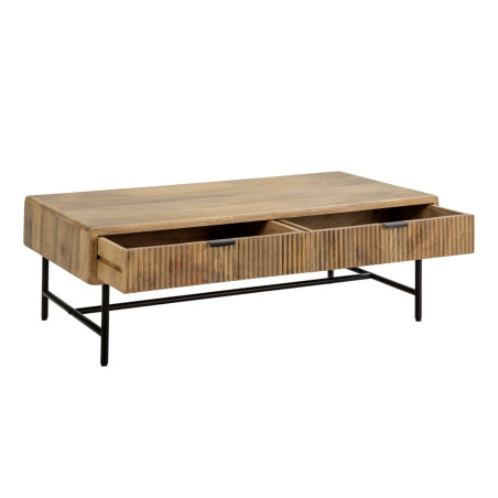 Table basse 2 tiroirs manguier massif, relief vertical, métal noir - MELKOR