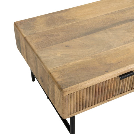 Table basse 2 tiroirs manguier massif, relief vertical, métal noir - MELKOR
