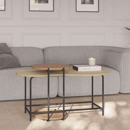 Tables basses gigogne plateau imitation bois et terracotta piètement métal noir - RHEIOR