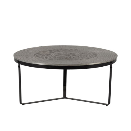 Table basse ronde 90 cm métal martelé sculpté finition brossée pied métal laqué noir - SOHALIOR