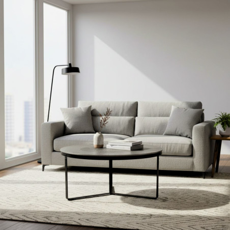 Table basse ronde 90 cm métal martelé sculpté finition brossée pied métal laqué noir - SOHALIOR