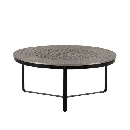 Table basse ronde 90 cm métal martelé sculpté finition brossée pied métal laqué noir - SOHALIOR