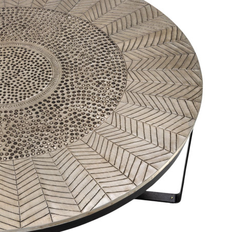 Table basse ronde 90 cm métal martelé sculpté finition brossée pied métal laqué noir - SOHALIOR