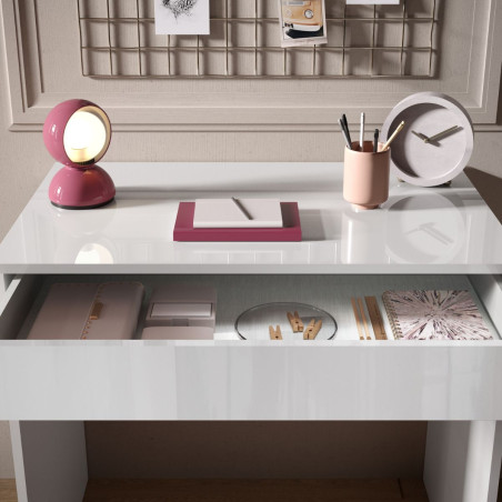 Bureau compact 78 cm avec tiroir blanc laqué brillant - SYNERGIZE