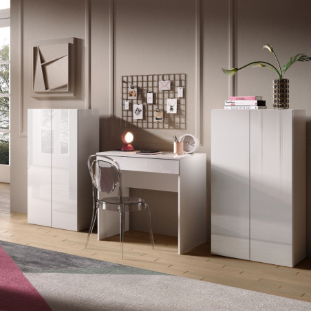 Bureau compact 78 cm avec tiroir blanc laqué brillant - SYNERGIZE