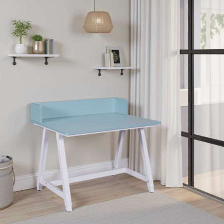 Bureau enfant réglable en hauteur, MDF, plateau bleu, piètement métal laqué blanc - ELIOR