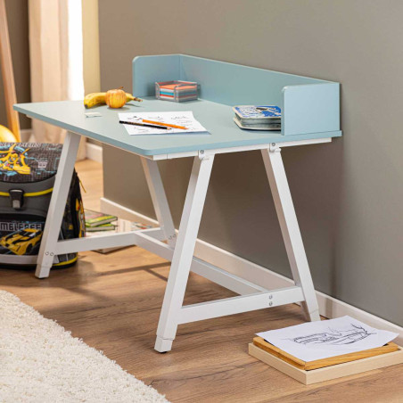 Bureau enfant réglable en hauteur, MDF, plateau bleu, piètement métal laqué blanc - ELIOR