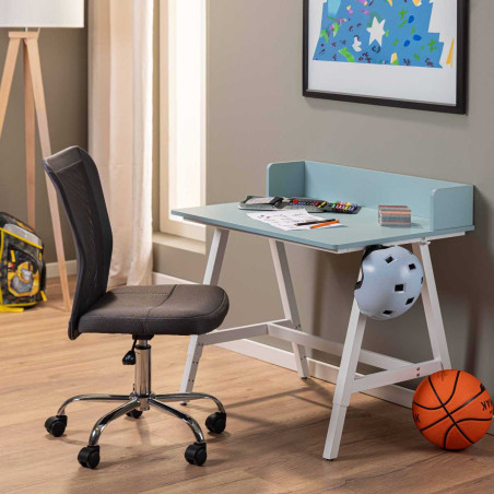 Bureau enfant réglable en hauteur, MDF, plateau bleu, piètement métal laqué blanc - ELIOR