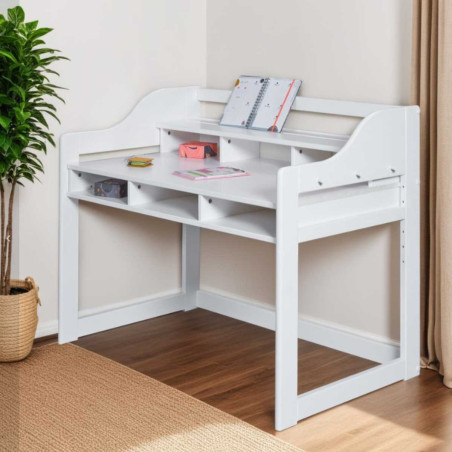 Bureau enfant réglable en hauteur en pin massif laqué blanc - GAELOR