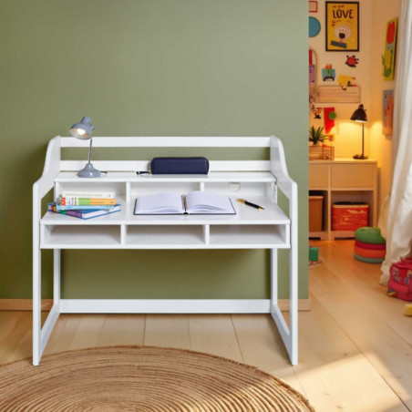 Bureau enfant réglable en hauteur en pin massif laqué blanc - GAELOR