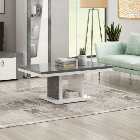 Table basse pied central laqué blanc et imitation granit gris - NEWELLOR