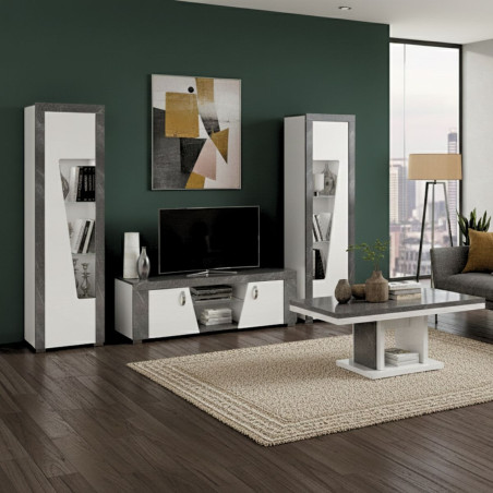 Table basse pied central laqué blanc et imitation granit gris - NEWELLOR