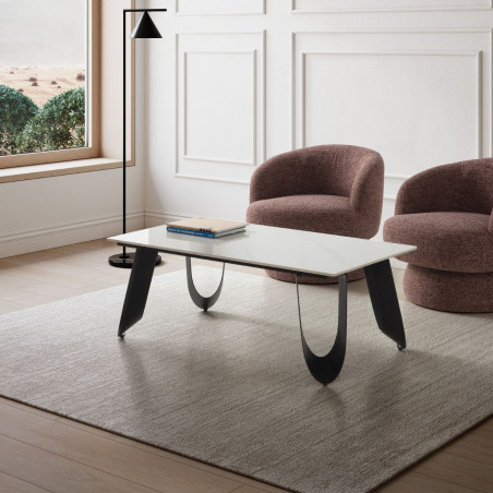 Table basse design rectangulaire plateau céramique marbre blanc pied métal noir - LEILOR