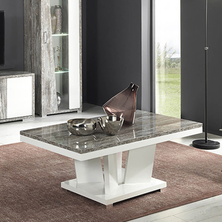 Table Basse Rectangulaire Laqué Blanc et Effet Bois Taupe - DENIO