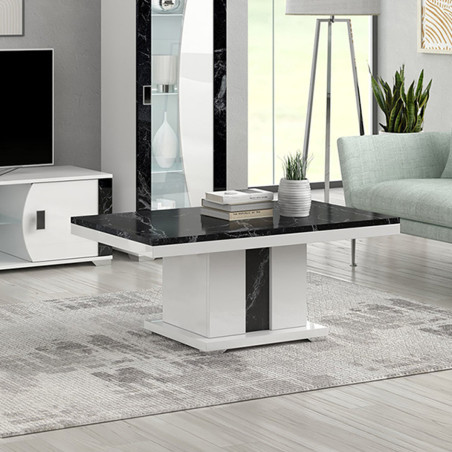 Table basse pied central blanc et aspect marbre noir - ARIA