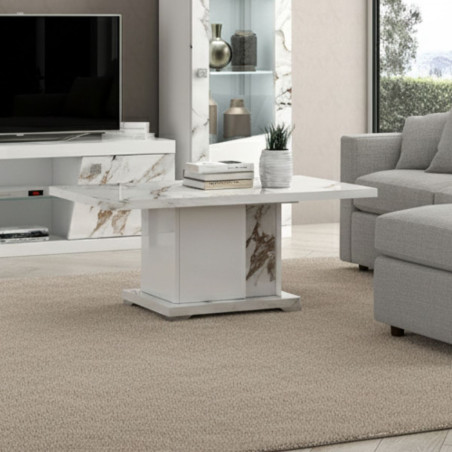 Table basse 120x65 cm pied central laqué blanc et marbre - ETOLISOR