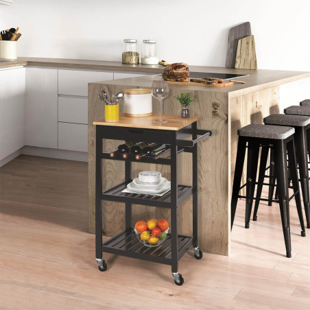 Desserte à roulettes noire avec porte-bouteilles - KWITO