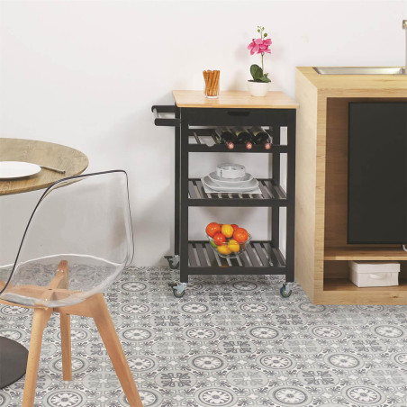 Desserte à roulettes noire avec porte-bouteilles - KWITO