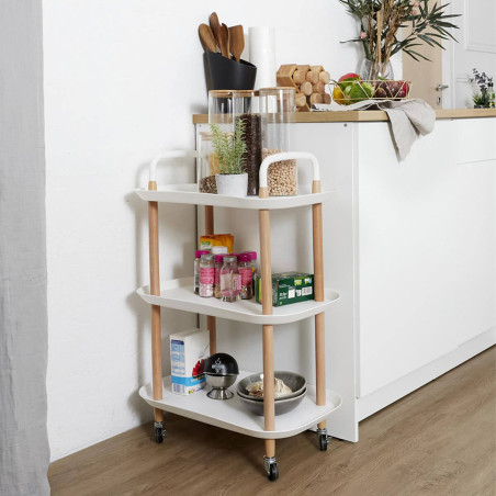 Desserte sur roulettes en métal imitation bois et plateaux blancs - KALIRA