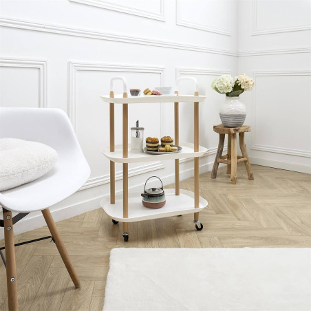Desserte sur roulettes en métal imitation bois et plateaux blancs - KALIRA