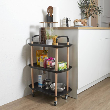 Desserte sur roulettes en métal imitation bois et plateaux noirs - KALIRA