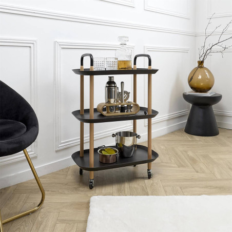 Desserte sur roulettes en métal imitation bois et plateaux noirs - KALIRA