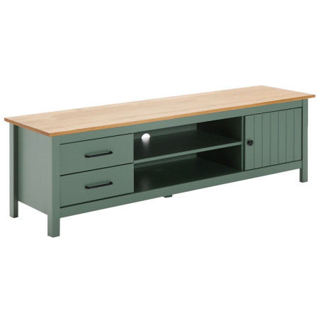 Meuble TV 1 Porte 2 Tiroirs Bois Ciré Vert - TINIO