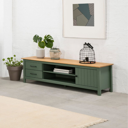 Meuble TV 1 Porte 2 Tiroirs Bois Ciré Vert - TINIO