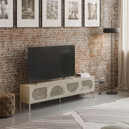 Meuble TV 180 cm 4 Portes Ajourées Métal Crème - LIVIRA