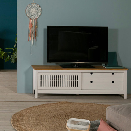 Meuble TV 1 porte coulissante 2 tiroirs bois ciré blanc - MALLA