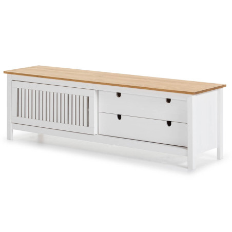 Meuble TV 1 porte coulissante 2 tiroirs bois ciré blanc - MALLA