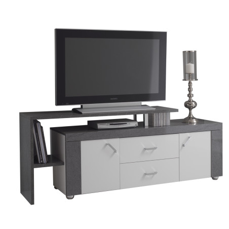 Meuble TV gris avec plateau, 2 portes et 2 tiroirs - LUREN