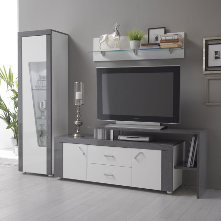 Meuble TV gris avec plateau, 2 portes et 2 tiroirs - LUREN