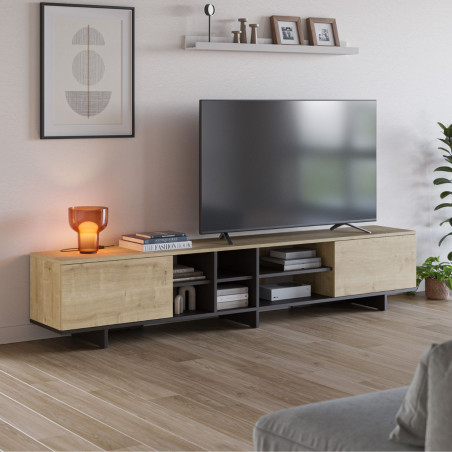 Meuble TV 2 portes 230 cm imitation bois et noir - ESQUISSOR