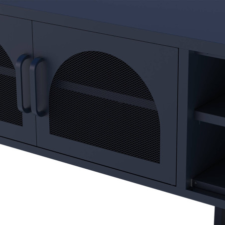 Meuble TV 160 cm 2 portes ajourées 2 niches métal bleu foncé - OLIRA
