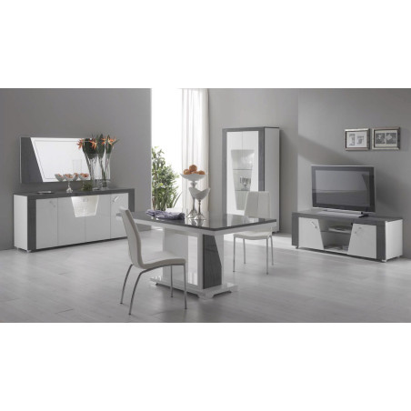 Meuble TV 2 portes et niche gris finition brillante - LUREN