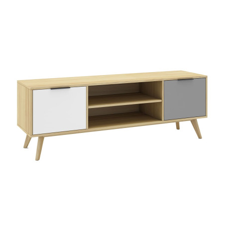 Meuble TV 140 cm 2 portes scandinave en pin massif - BORGEN