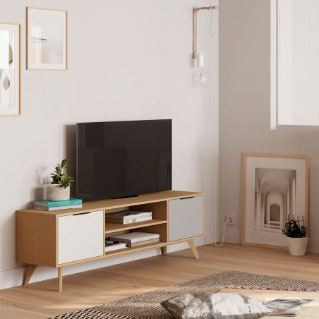 Meuble TV 140 cm 2 portes scandinave en pin massif - BORGEN
