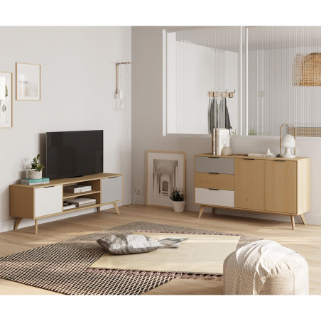 Meuble TV 140 cm 2 portes scandinave en pin massif - BORGEN