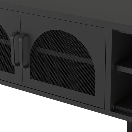 Meuble TV 160 cm à 2 portes ajourées et 2 niches en métal noir - OLIRA