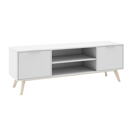 Meuble TV 140 cm 2 portes scandinave MDF et pin massif naturel blanc - BLAKEN