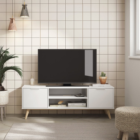 Meuble TV 140 cm 2 portes scandinave MDF et pin massif naturel blanc - BLAKEN