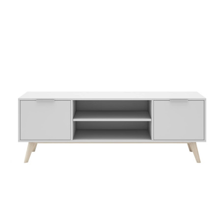 Meuble TV 140 cm 2 portes scandinave MDF et pin massif naturel blanc - BLAKEN