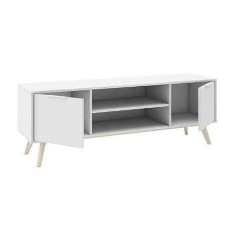 Meuble TV 140 cm 2 portes scandinave MDF et pin massif naturel blanc - BLAKEN