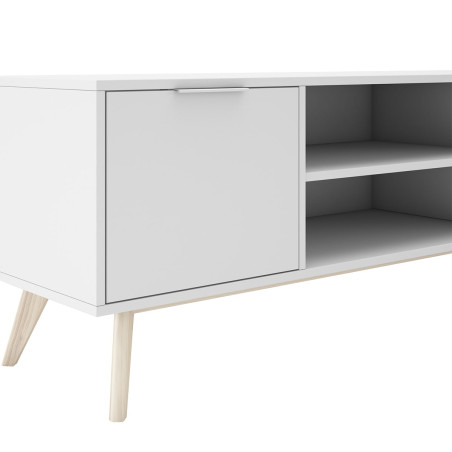 Meuble TV 140 cm 2 portes scandinave MDF et pin massif naturel blanc - BLAKEN