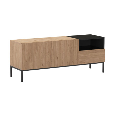 Meuble TV 2 portes en mélaminé bois et noir piètement métal laqué noir - CALLASOR