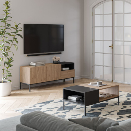Meuble TV 2 portes en mélaminé bois et noir piètement métal laqué noir - CALLASOR