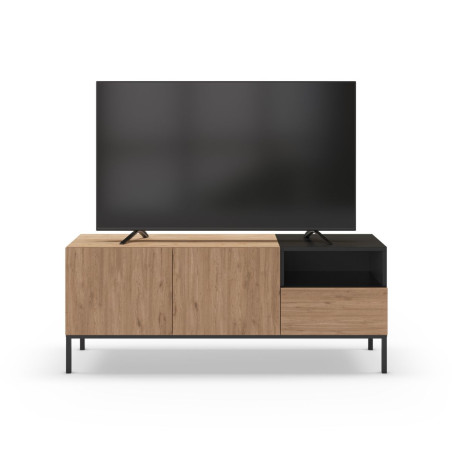 Meuble TV 2 portes en mélaminé bois et noir piètement métal laqué noir - CALLASOR