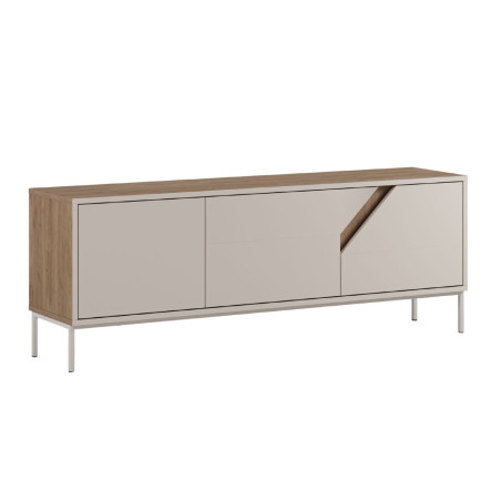 Meuble TV 3 portes 150 cm beige et bois avec découpe graphique - ANOUKOR